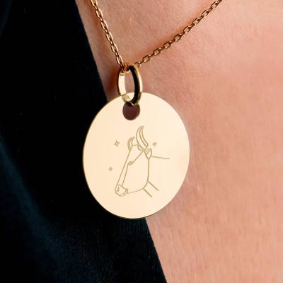 Médaille Zodiaque Taureau & Etoiles Plaqué Or Jaune, Diamètre 19 mm - Lumiosa