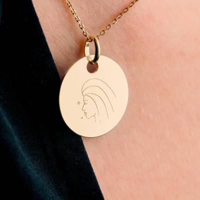 Médaille Zodiaque Vierge & Etoiles Plaqué Or Jaune, Diamètre 19 mm - Lumiosa
