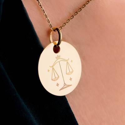 Médaille Zodiaque Balance & Etoiles Plaqué Or Jaune, Diamètre 19 mm - Lumiosa