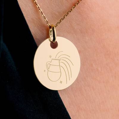 Médaille Zodiaque Verseau & Etoiles Plaqué Or Jaune, Diamètre 19 mm - Lumiosa