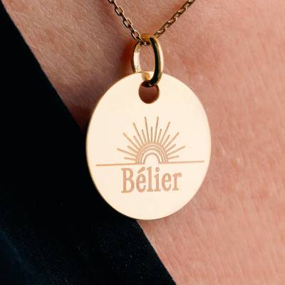 Médaille Zodiaque Bélier & Soleil Plaqué Or Jaune, Diamètre 19 mm - Lumiosa