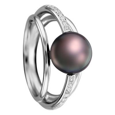 Bague Angélina, Or Blanc 750, Perle Tahiti & Diamants - Porchet