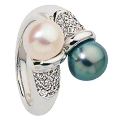 Bague, Or Blanc 750, Perle Blanche & Tahiti - Porchet