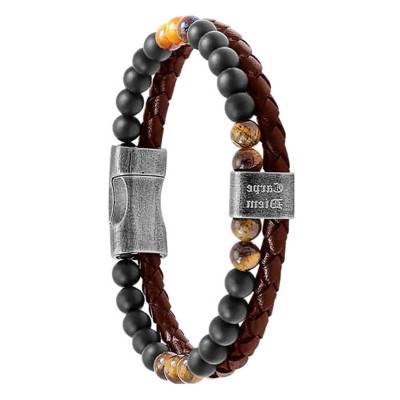 Bracelet Karma cuir tressé marron, oeil de tigre et agates noires, 22 cm - HB562203 - Rochet