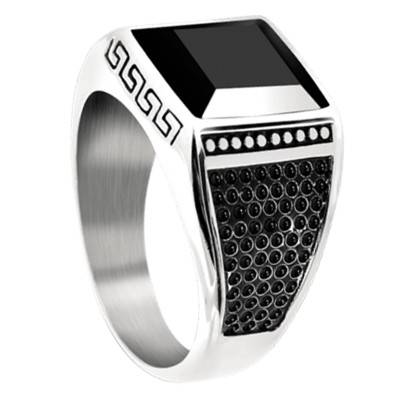 Rock Square Steel Black Onyx Ring - HA1558 - Rochet