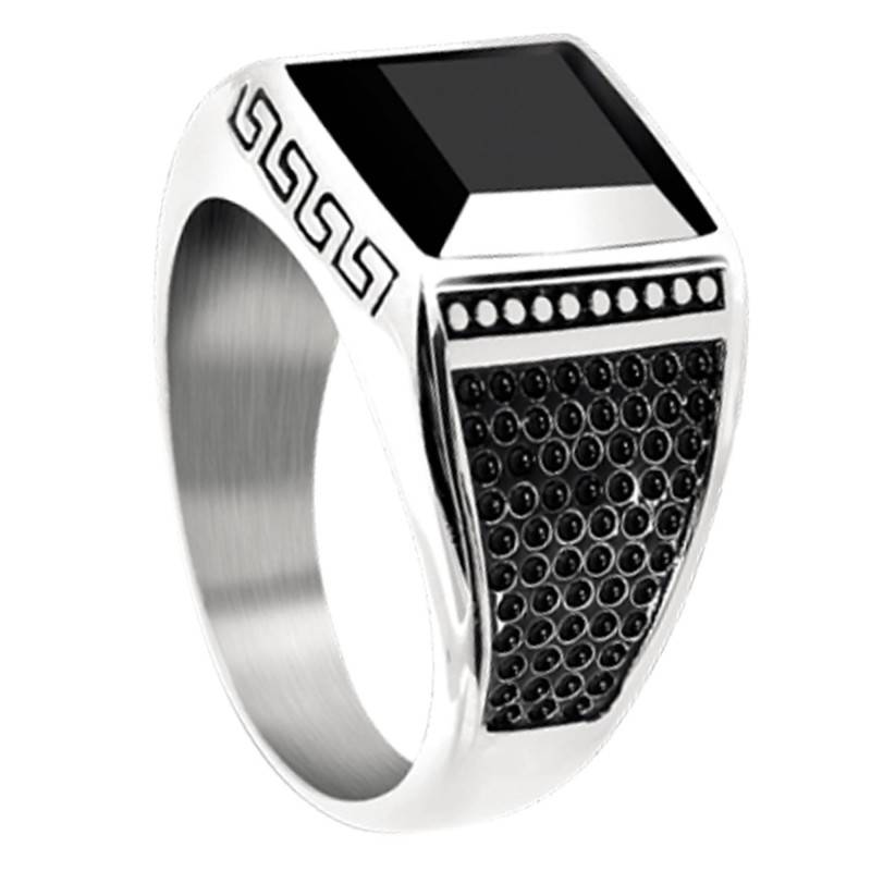 Rock Square Steel Black Onyx Ring - HA1558 - Rochet