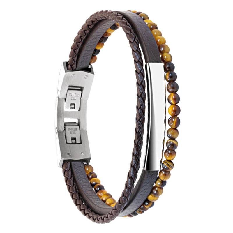 Yale Smooth & Braided Brown Leather Tiger's Eye Bracelet - HB6603 - Rochet