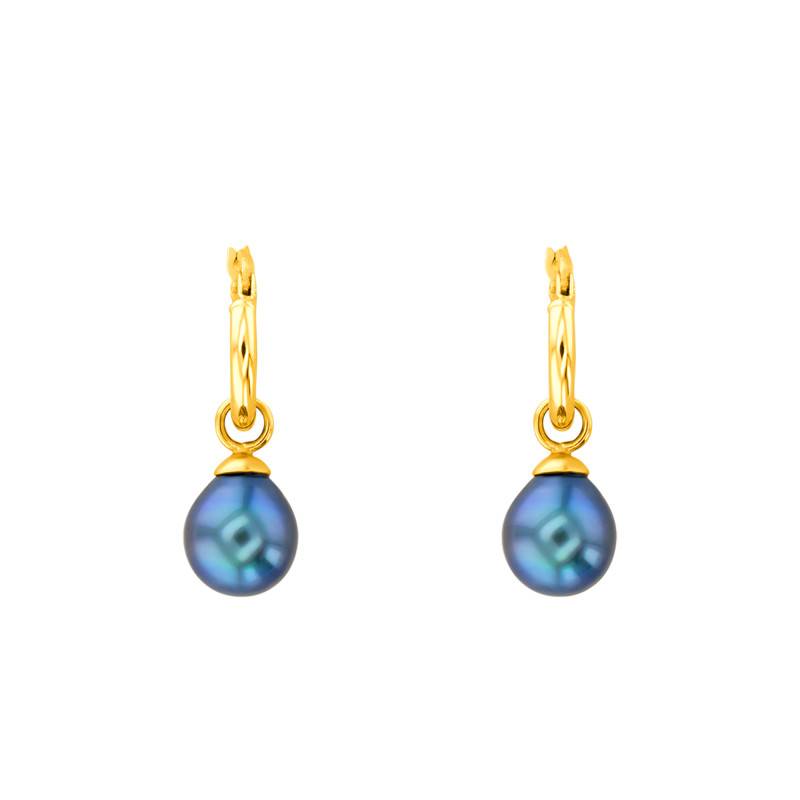 18K Yellow Gold & Tahitian Pearl Hoop Earrings, 12.30 mm Diameter - Porchet