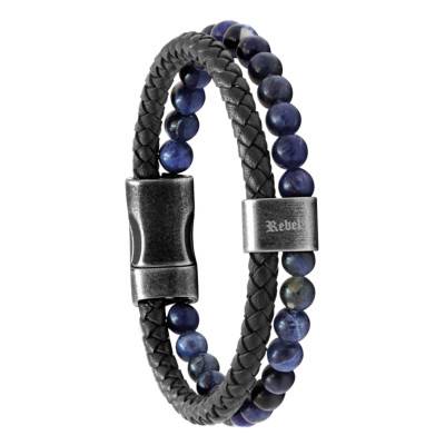 Bracelet Karma Lapis Lazuli & Cuir Tressé Marine, Longueur 21,5 cm - HB562206 - Rochet