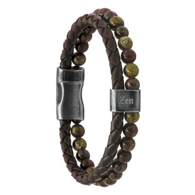 Bracelet Karma Jaspe Verte & Cuir Tressé Marron, Longueur 22 cm - HB562208 - Rochet