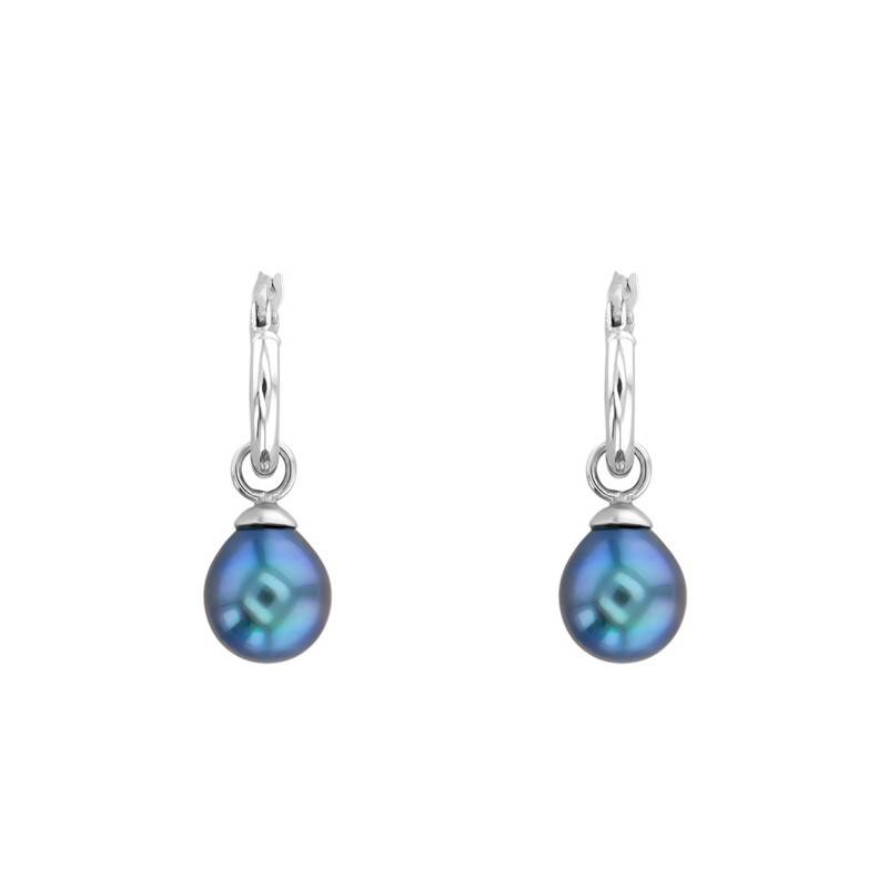 750/1000 White Gold and Tahitian Pearl Hoop Earrings, Diameter 12.30 mm - Porchet