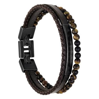 Bracelet Yale Cuir Marron Lisse et Tressé & Perles - HB6693 - Rochet
