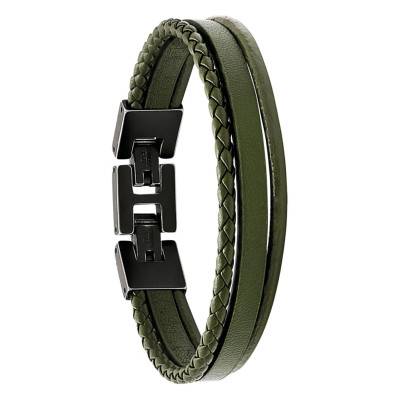 Bracelet Standford Acier Vintage & Triple Cuir Kaki, Longueur 21 cm - HB7645 - Rochet