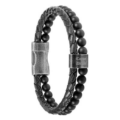 Braided Leather & Black Agate Karma Bracelet, Length 22 cm - HB562201 - Rochet