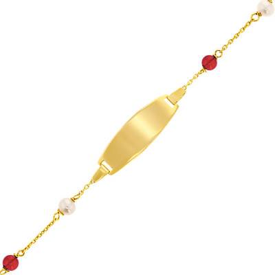 Gourmette Or Jaune 375 & perles rouges, Longueur 14 cm réglable - Rosatella