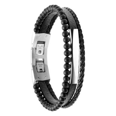 Bracelet Yale Cuir Noir Lisse et Tressé & Agate Noire - HB6601 - Rochet