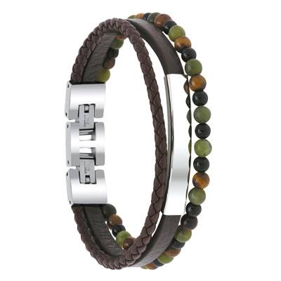 Yale Smooth & Braided Brown Leather Green Jasper Bracelet - HB6608 - Rochet