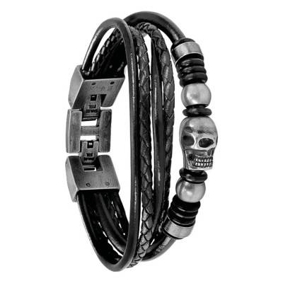 Bracelet Fury acier, cuir tressé et perles têtes de mort, Longueur 21 cm - HB6401 - Rochet