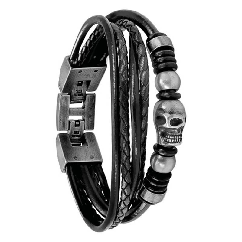 Steel & Braided Leather Fury Bracelet with Skull Beads, Length 21 cm - HB6401 - Rochet