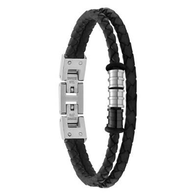 Bracelet Double Gentleman Perles Acier & Cuir Tressé Noir, Longueur 21 cm - HB8001 - Rochet