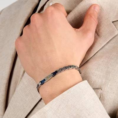 Bracelet Maillons Angulaires en Acier Bicolore Gris & Bleu, Longueur 18 à 21,50 cm - JM225AVD82 - Maserati