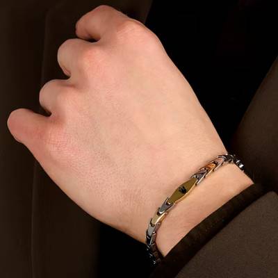 Bracelet Maillons Angulaires en Acier Bicolore Gris et Jaune, Longueur 18 à 21,50 cm - JM225AVD84 - Maserati
