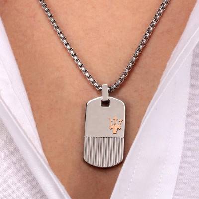 Collier Plaque Striée en Acier Bicolore, Longueur 60 cm - JM121ATK08 - Maserati