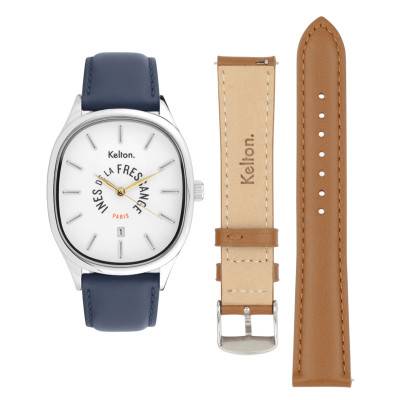 Coffret montre Grande Colorama Navy & bracelet camel 9125642 - Kelton