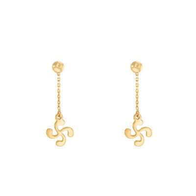 Boucles d'oreilles Pendantes Croix Basque sur Chaînette, Or Jaune 375 ou 750 - Rosatella