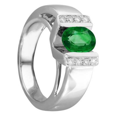 Bague Salisbury Or Blanc 750, Emeraude 1,10 ct, Diamants 0,13 ct - Porchet