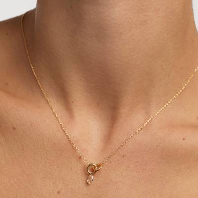 Collier Lily en Argent Doré & Zircon Pêche, Longueur 40 à 50 cm - CO01-844 - Pdpaola