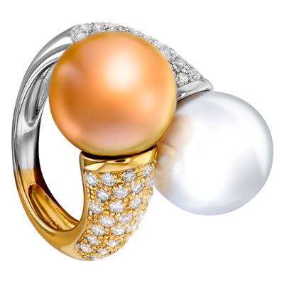 Bague Perle Blanche et Dorée, 2 Ors 750 et Diamants - Porchet