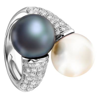 Toi et Moi Tahitian Pearl and White Pearl 750/1000 White Gold Ring - Porchet