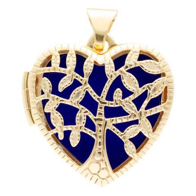 Blue Heart Photo Locket with Tree of Life in 375/1000 Yellow Gold - Emanessence
