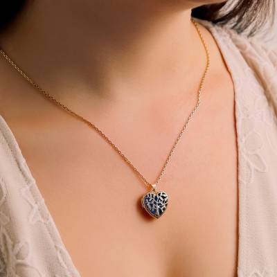 Pendentif Porte Photo Coeur Bleu & Arbre de Vie en Or Jaune 375 - Emanessence