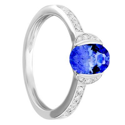 Bague Lune Or Blanc 750, Saphir 1,55 ct, Diamants 0,12 ct - Porchet