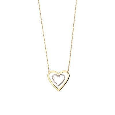 Collier Double Coeur, Or Blanc & Jaune 375, longueur 40 à 42 cm - Rosatella