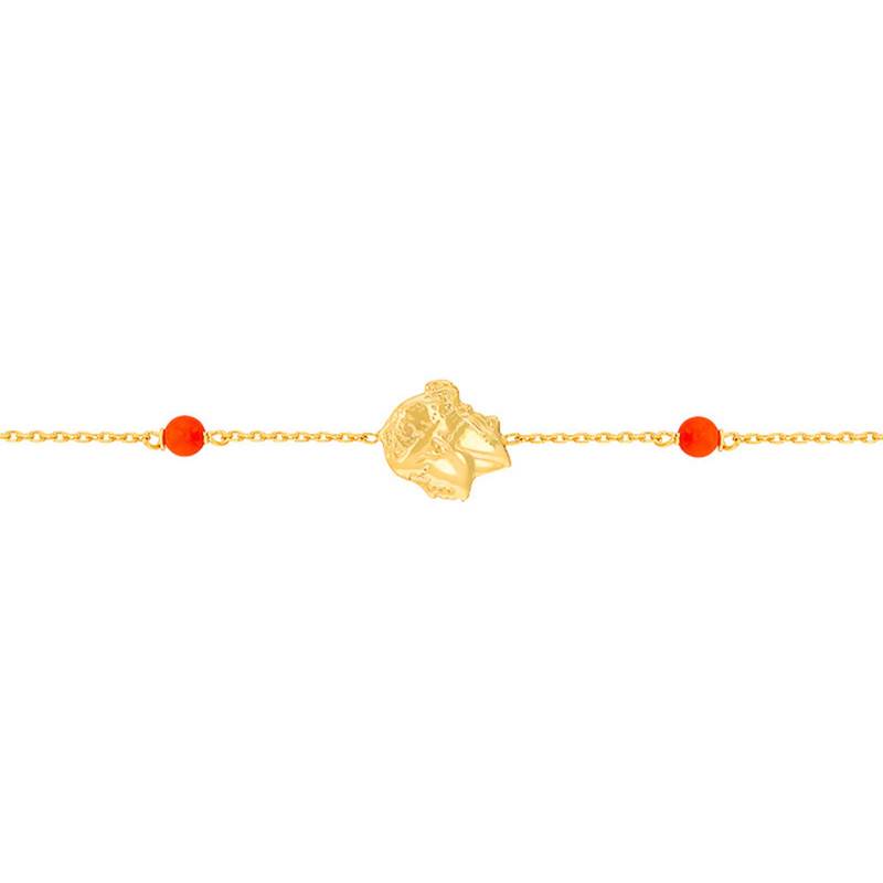 Yellow Gold 375 or 750 Corsican Moorish Head Bracelet & Coral Stones, 18 cm - Rosatella