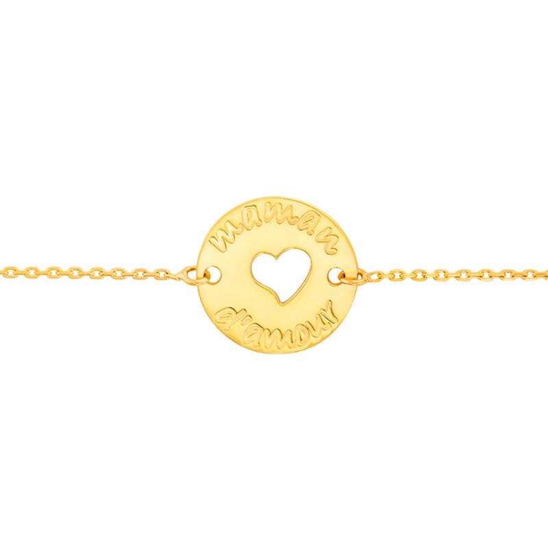 Yellow Gold 375 or 750 Open-Work Heart Bracelet with "Maman d'amour" Engraving, Length 16 cm to 18 cm - Rosatella