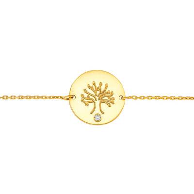 Bracelet Médaille Arbre de vie, Diamant 0,011 CT, Or Jaune 375 ou 750, 14 cm - Rosatella