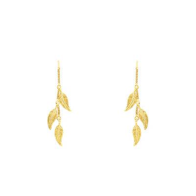 9K Yellow Gold Feather Trio Drop Earrings with Hanging Chain - Maison Ballet by Scarlett