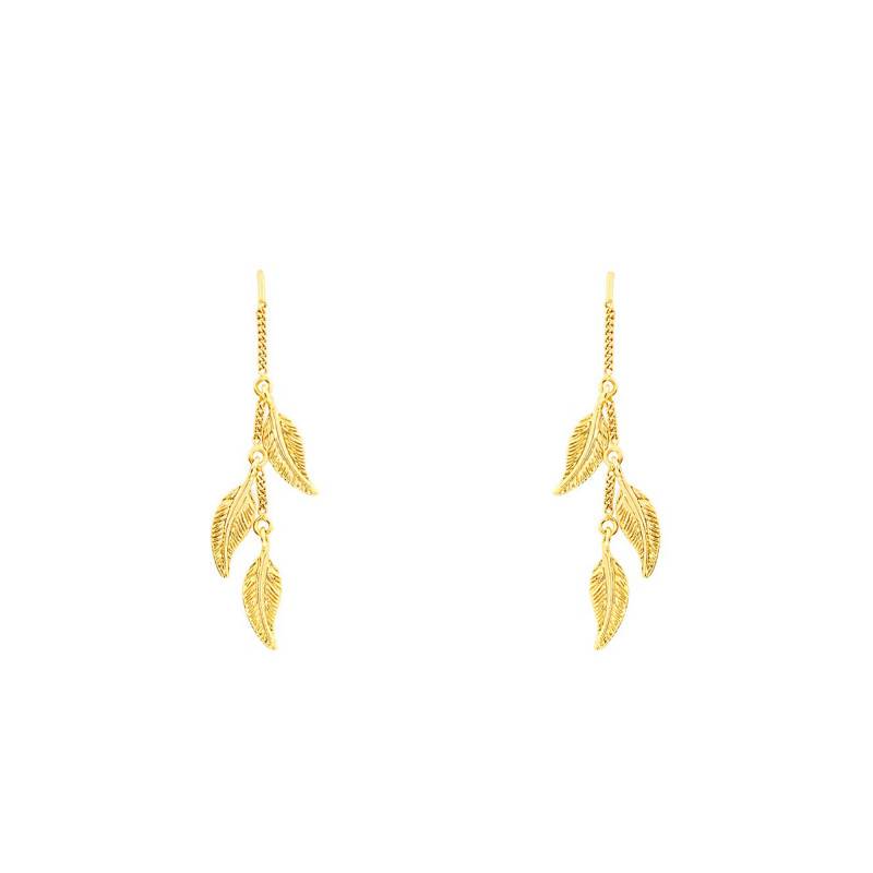 9K Yellow Gold Feather Trio Drop Earrings with Hanging Chain - Maison Ballet by Scarlett