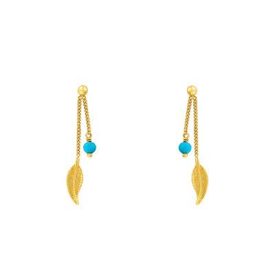 Boucles d'oreilles pendantes turquoise et plume, Or Jaune 375 - Scarlett or Scarlett