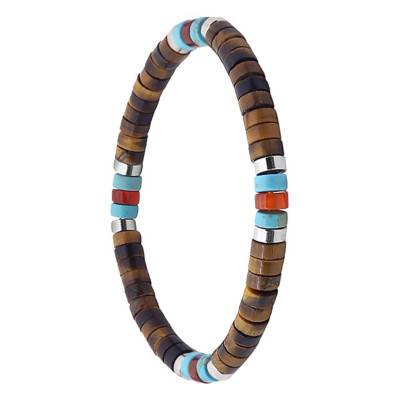 Tiger's Eye, Red Agate, Turquoise, and Heishi Bead Bracelet, Length 16 cm or 18 cm - Sixtystones