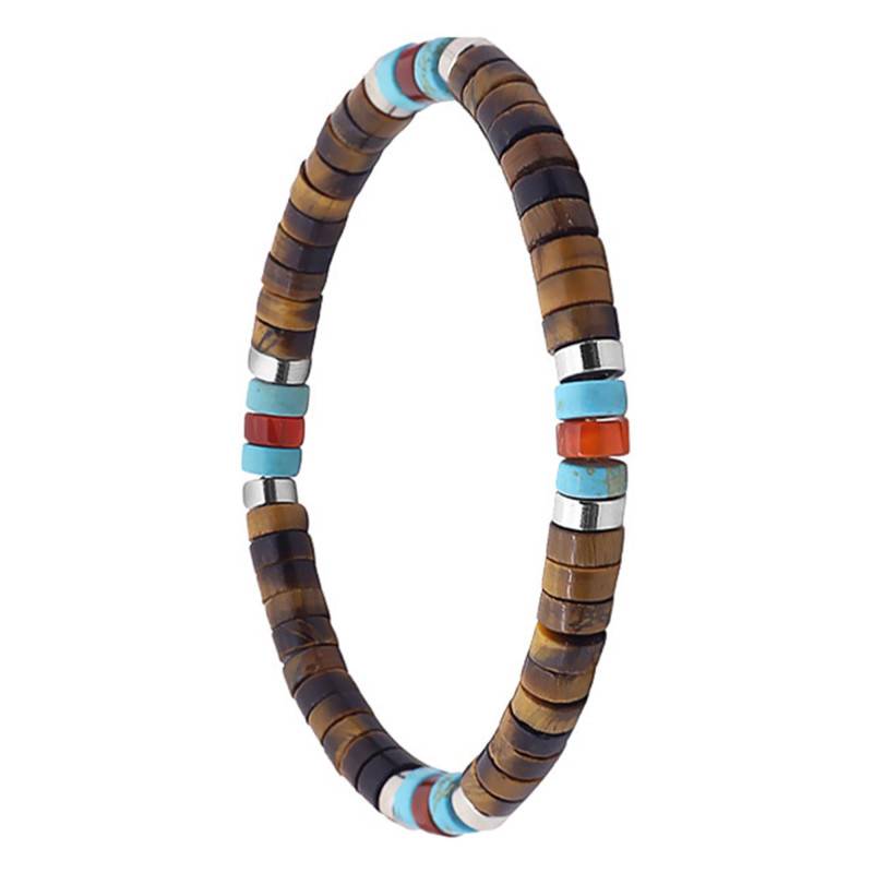Tiger's Eye, Red Agate, Turquoise, and Heishi Bead Bracelet, Length 16 cm or 18 cm - Sixtystones
