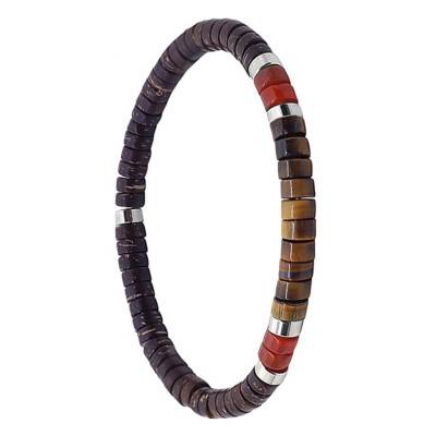 Bracelet œil de tigre, agate rouge, perles coco et heishi, 16 cm ou 18,5 cm - Sixtystones