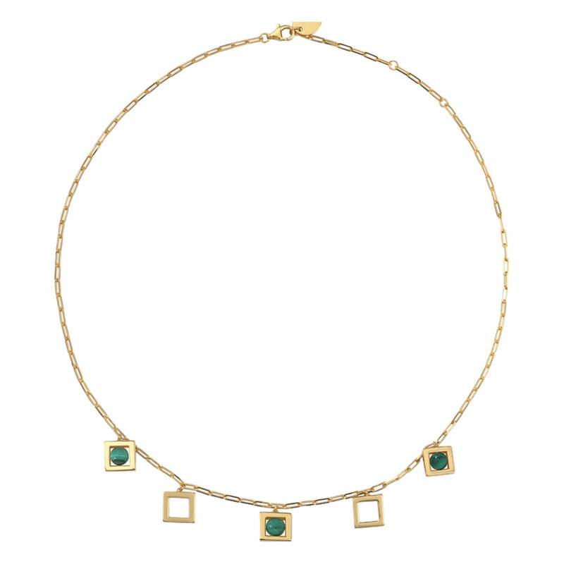 Gold-Plated Yellow Gold & Malachite Balancelle Necklace, Adjustable Length 45 cm - Skalli