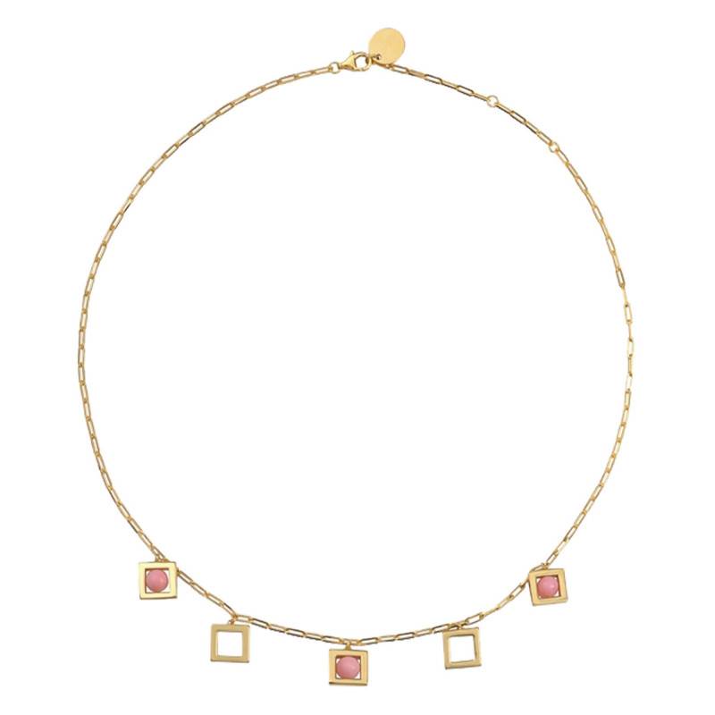 Gold-Plated Pink Coral Balancelle Necklace, Adjustable Length 45 cm - Skalli
