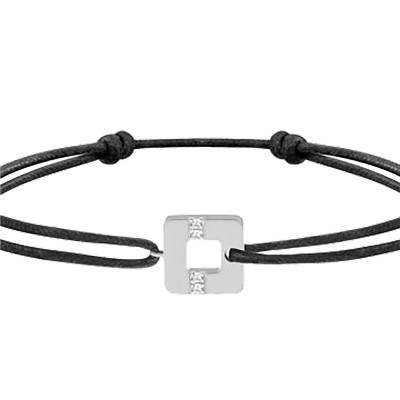 750 White Gold Arty Square Line Bracelet with Black Nylon Cord & Diamonds 0,023 ct, Adjustable Length - Skalli