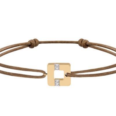 750 Yellow Gold Arty Square Line Bracelet with Brown Nylon Cord & Diamonds 0,023 ct, Adjustable Length - Skalli